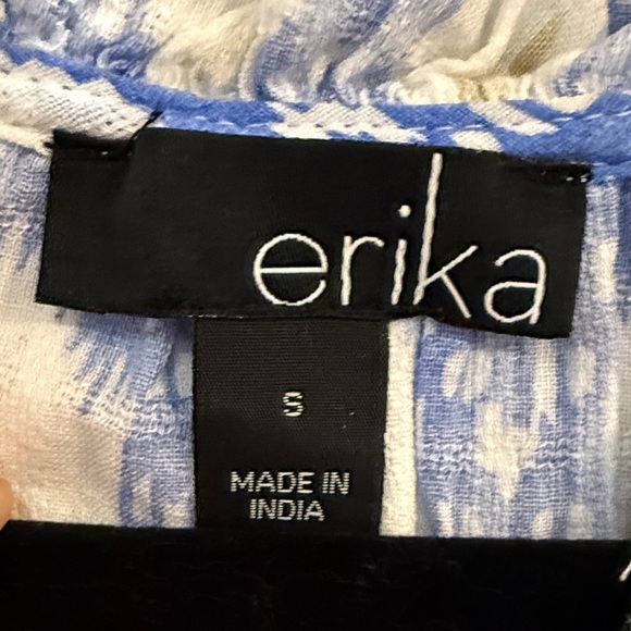 NWT Erika Blue and White Patterned Women's Top with Ruffle Trim - Picture 2 of 6